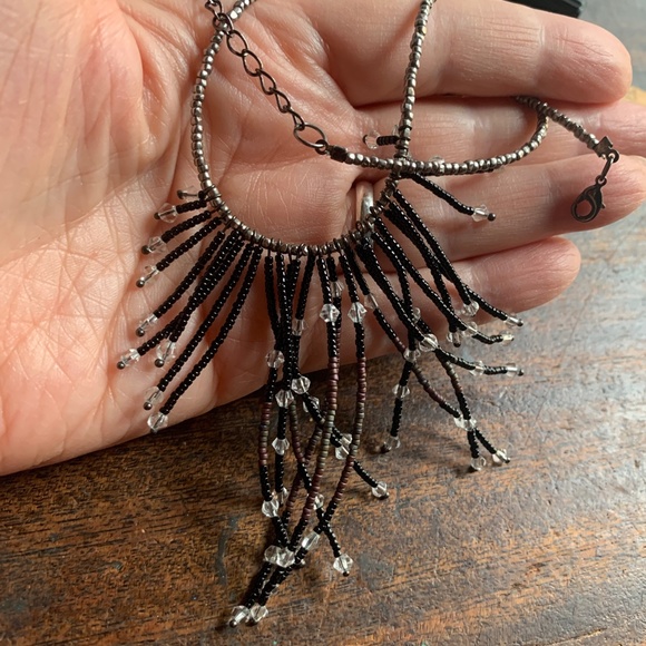 Waterfall Hematite Seed Bead & Crystal Swag/Fringe Choker Necklace - Goth Choker - Picture 3 of 7